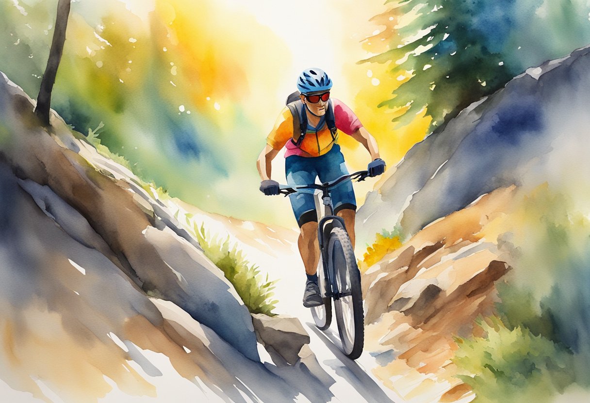 A digital watercolor of a man riding a mountain bike on a trail