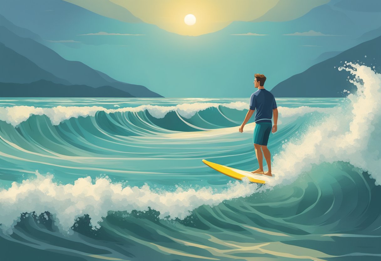 A digital illustration of a man surfing waves at sunrise