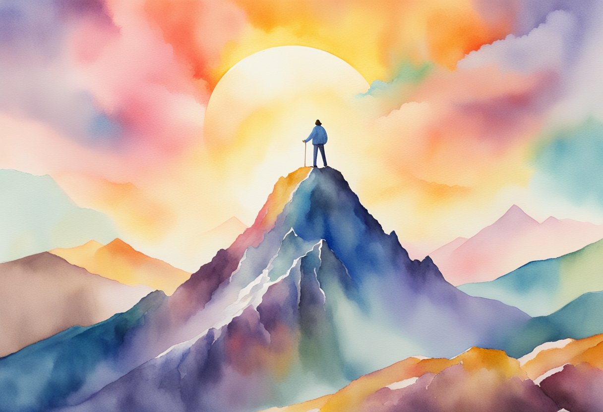 A digital watercolor of a man on top of the mountain while watching the the sun set.
