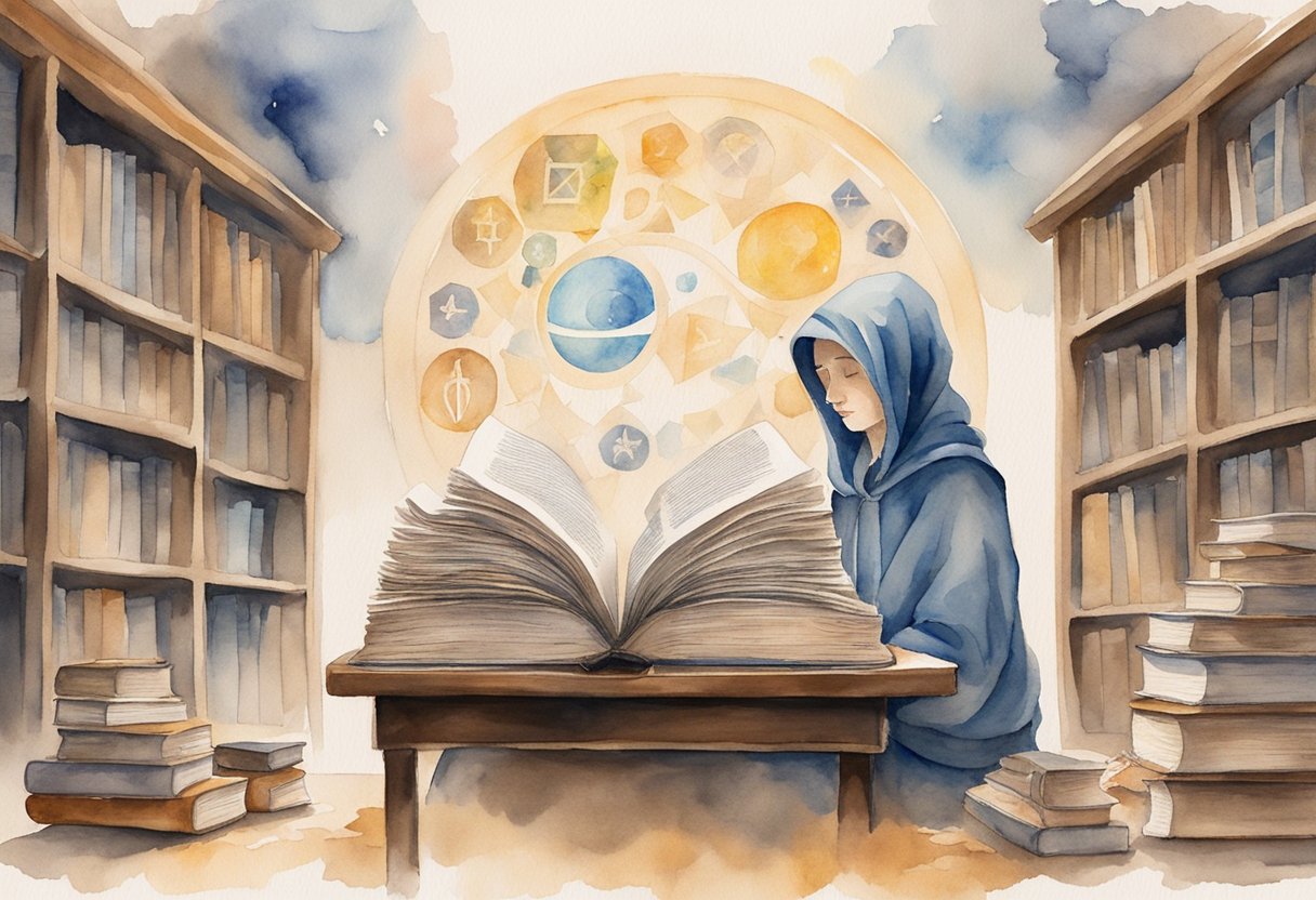 A digital watercolor of a person in a library with an open book