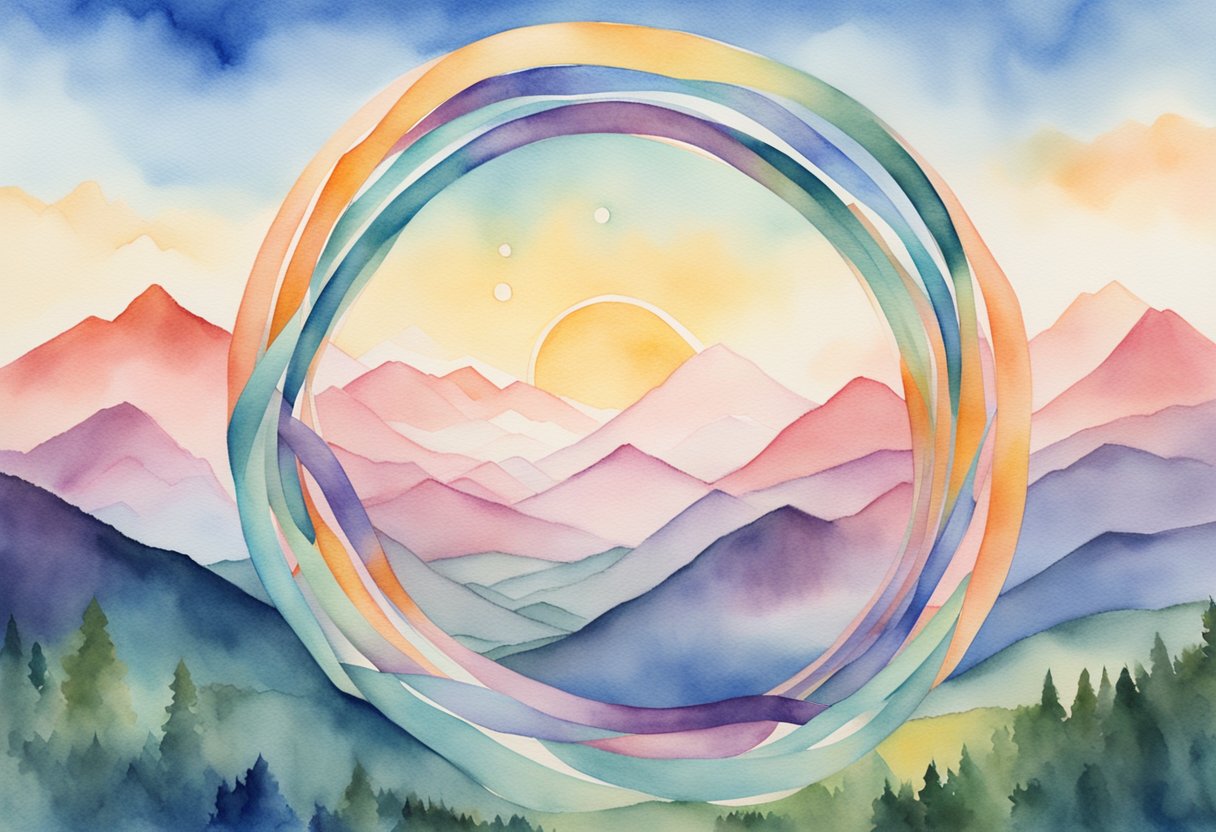 A digital watercolor of a mountain landscape with circles framing the sun
