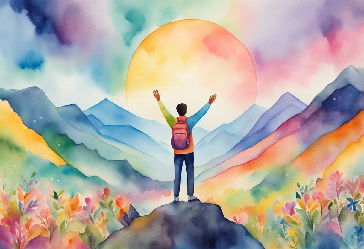 A digital watercolor of a man standing on top of a rock overlooking a colorful mountain valley