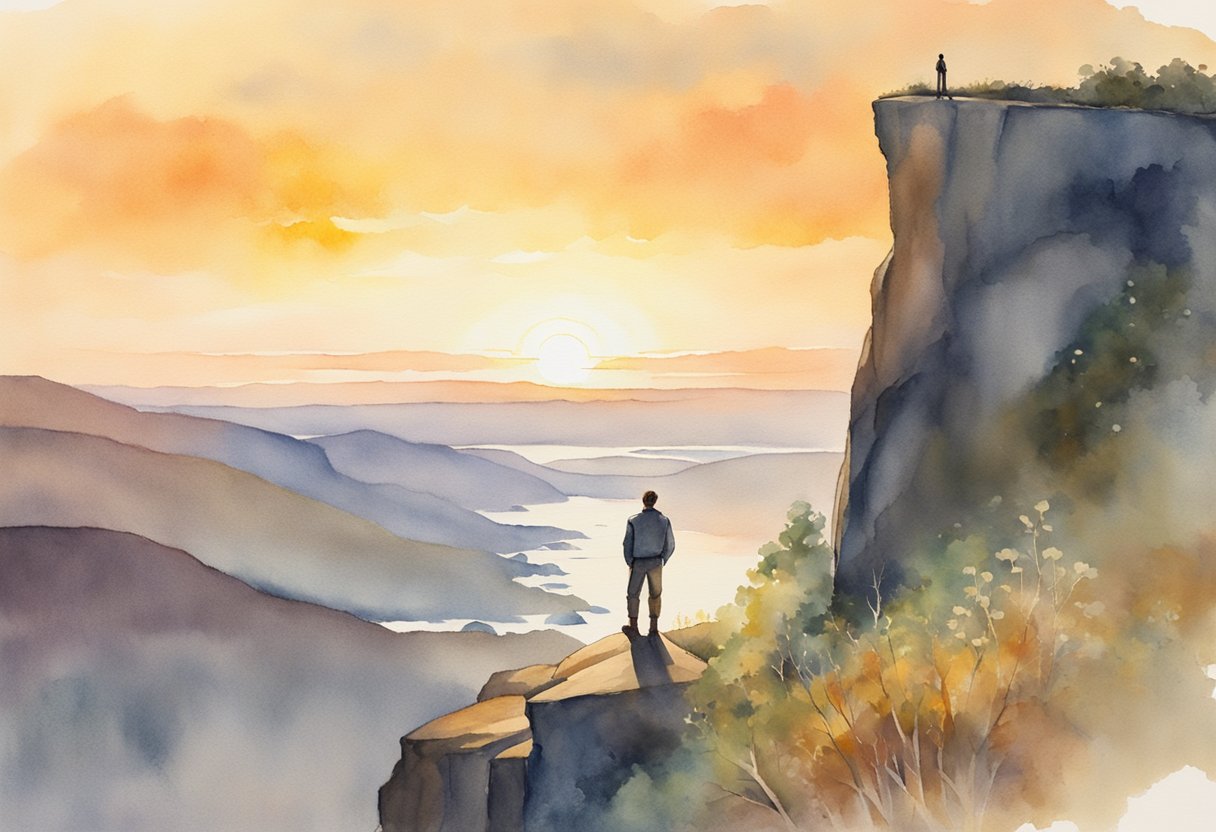 A digital watercolor of a mas standing on a cliff edge observing a sunset over a lake and smaller mountains