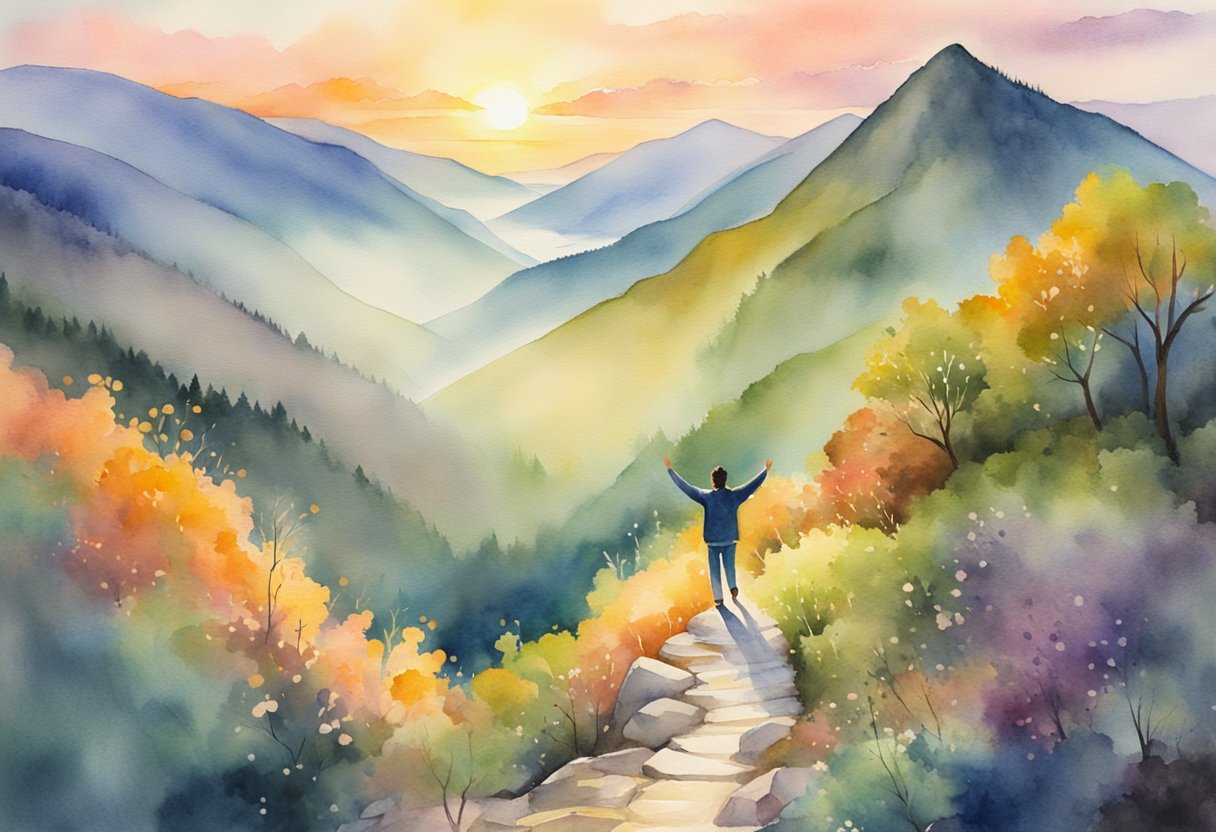 A digital watercolor of a man overlooking a colorful mountain valley