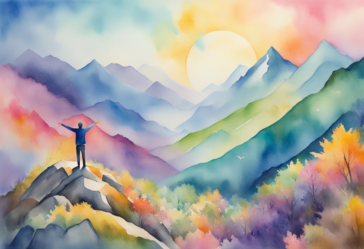 A digital watercolor of a man standing on top of a ridge looking over a colorful mountain valley with the sun setting