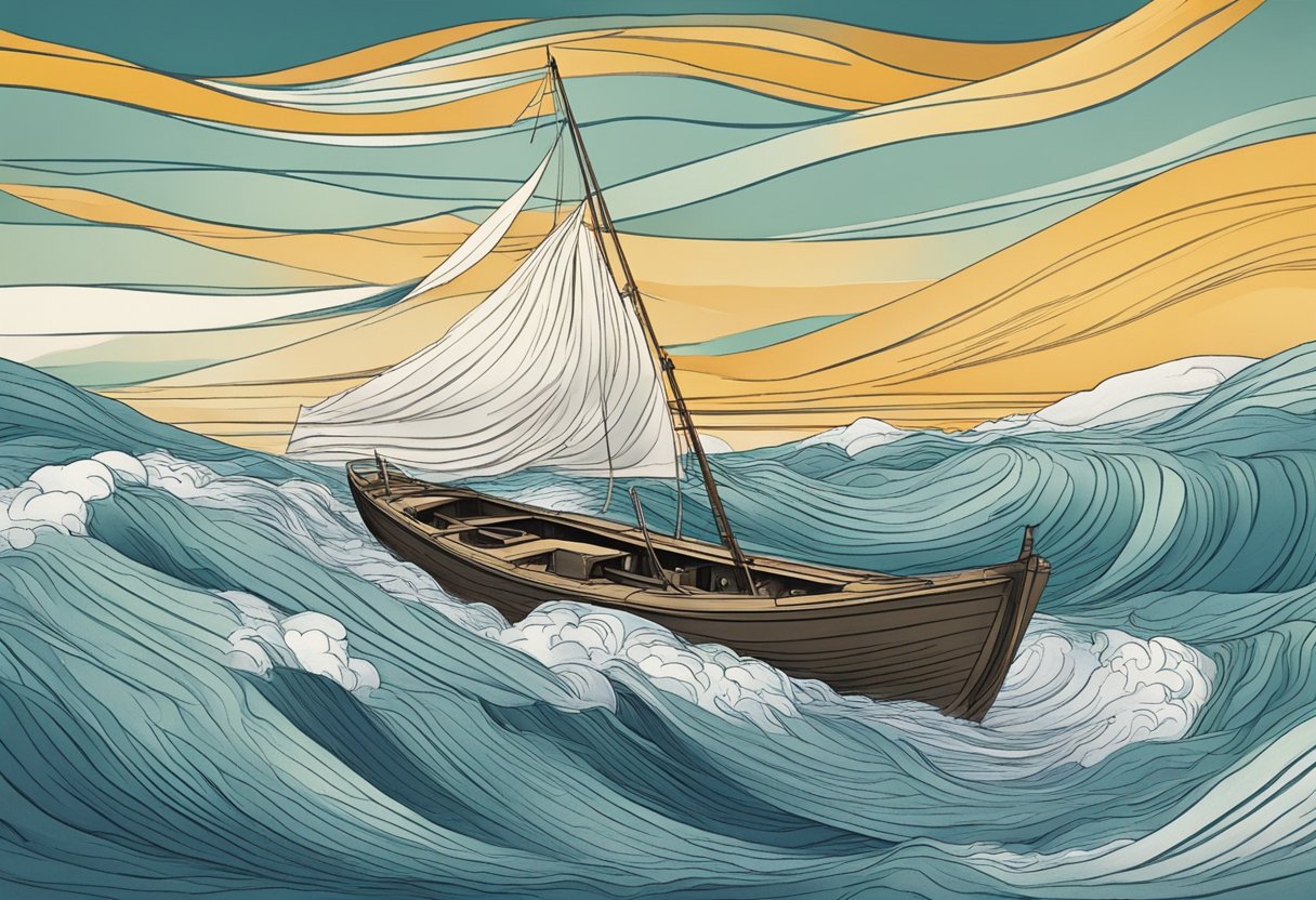 A digital illustration of a boat in rough seas
