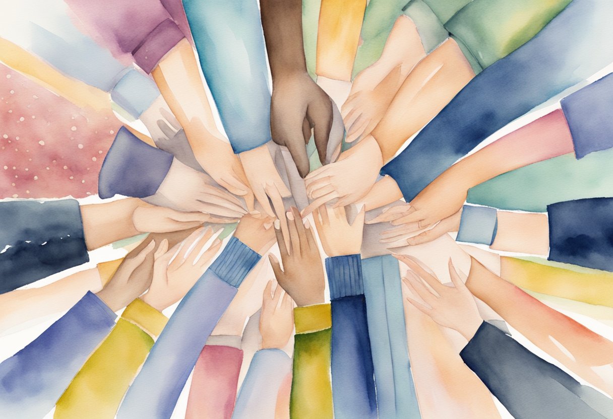 A digital watercolor of a diverse set of arms and hands in a circle 