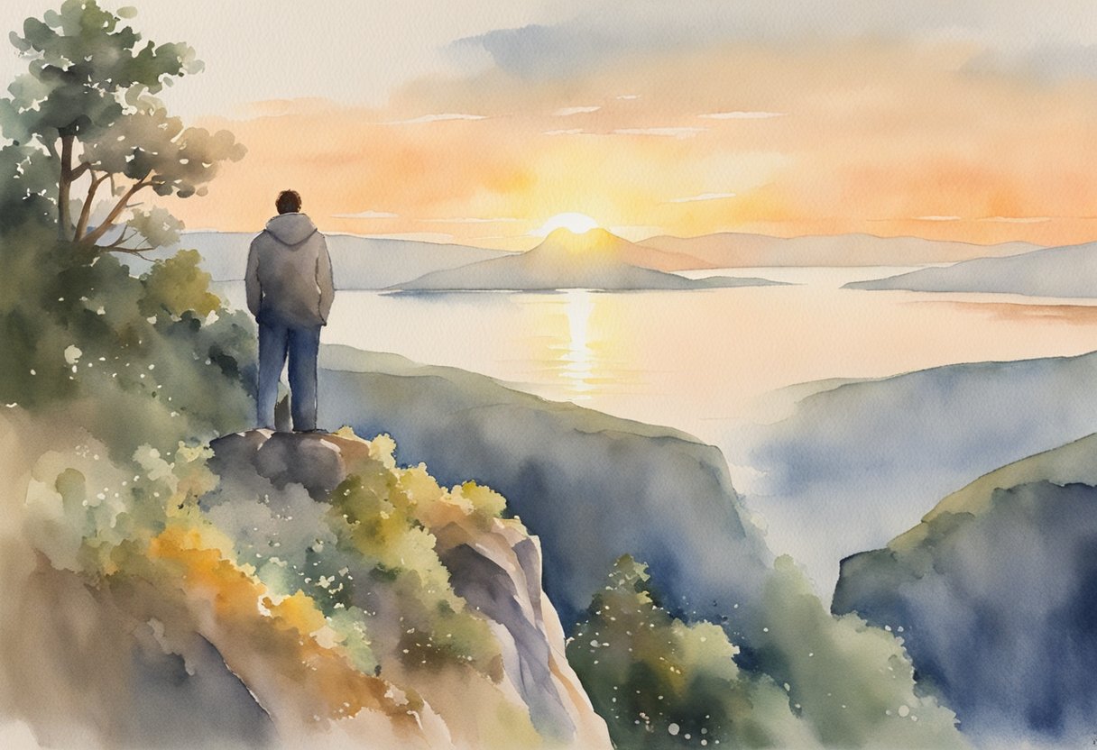 A digital watercolor of a man standing on a ledge overlooking a sunset
