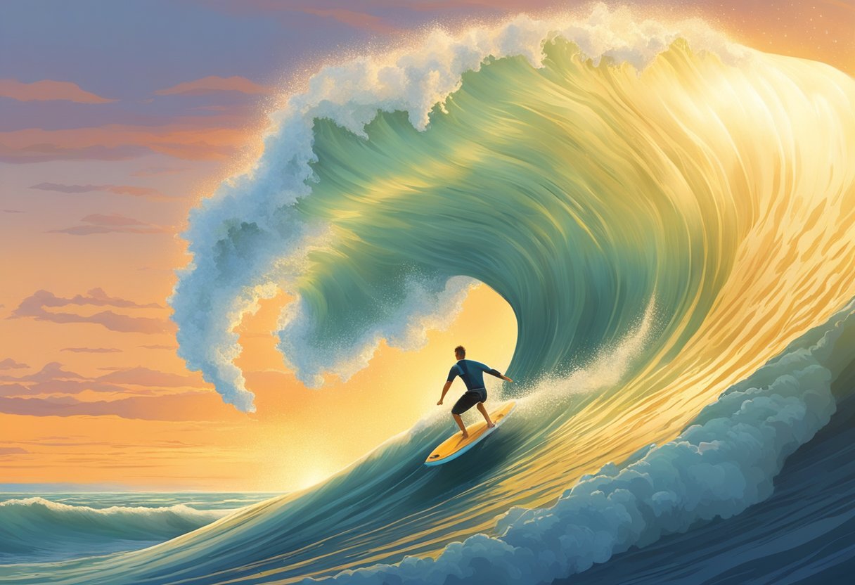 A digital illustration of a man big wave surfing