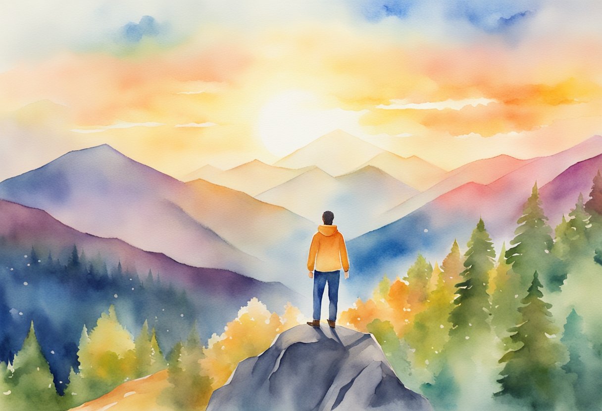 A digital watercolor of a man standing on a rock overlooking a sunset beyond a mountain range
