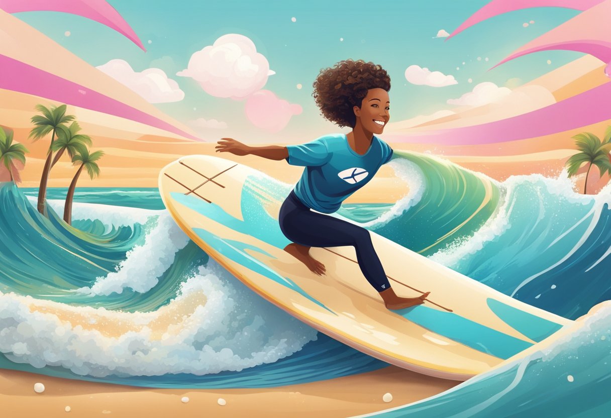 A digital illustration of a woman surfing the waves of life