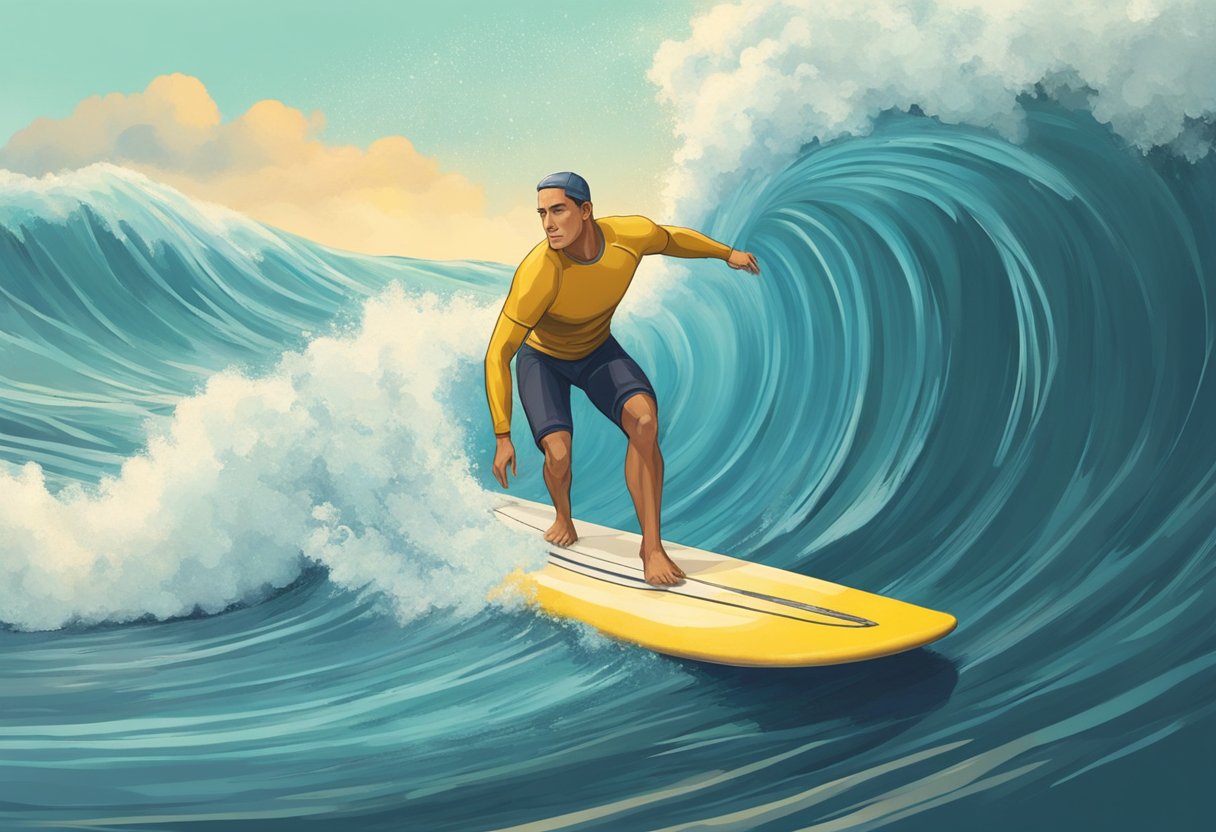 A digital illustration of a man surfing a wave