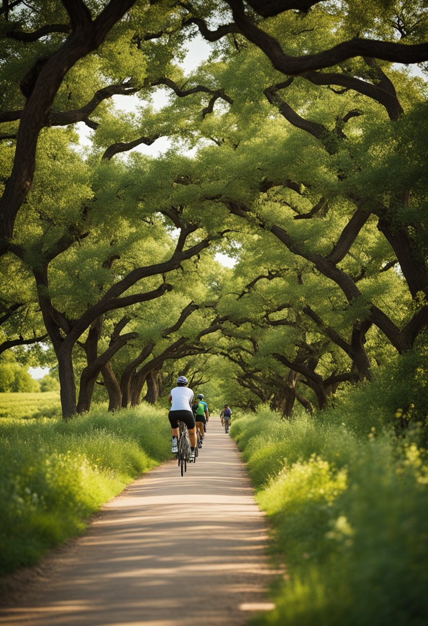 Biker on the picturesque Cotton Belt Trail, an urban route with a mix of nature and cityscape in Waco, Texas.