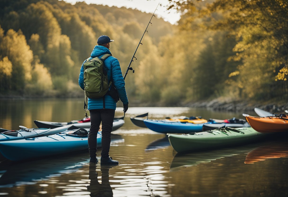 man holding a fishing rod with kayaks in front