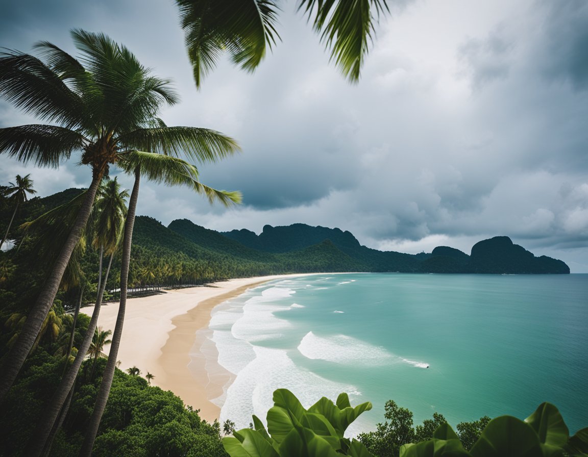 image of a beach usrrounded by green trees and green mountains - phuket vs krabi