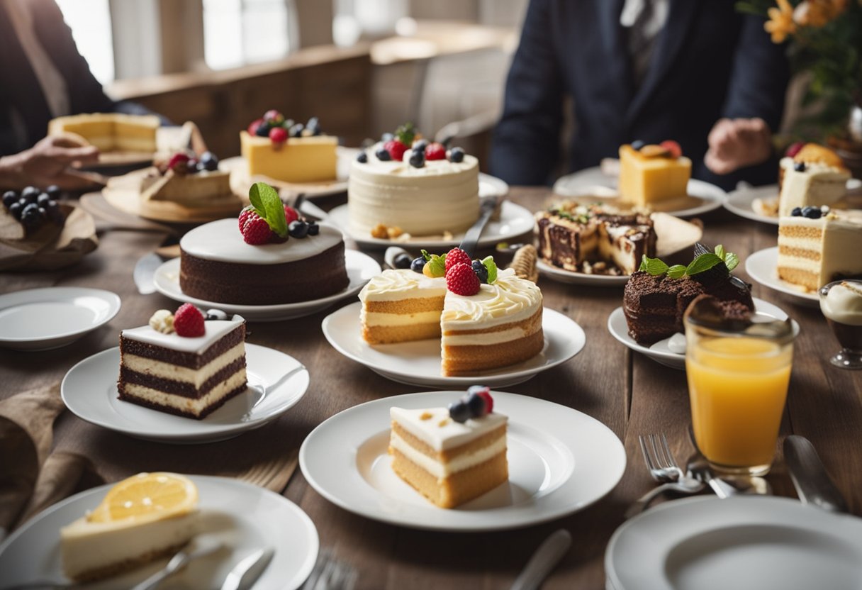 A beautifully arranged selection of assorted cake slices topped with whipped cream and fresh fruits, representing the joy of cake tasting and flavor discovery.