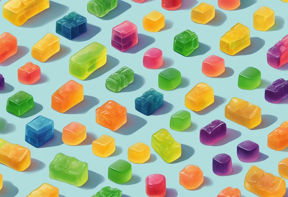 A colorful cartoon like image of CBD gummies displayed on a table.