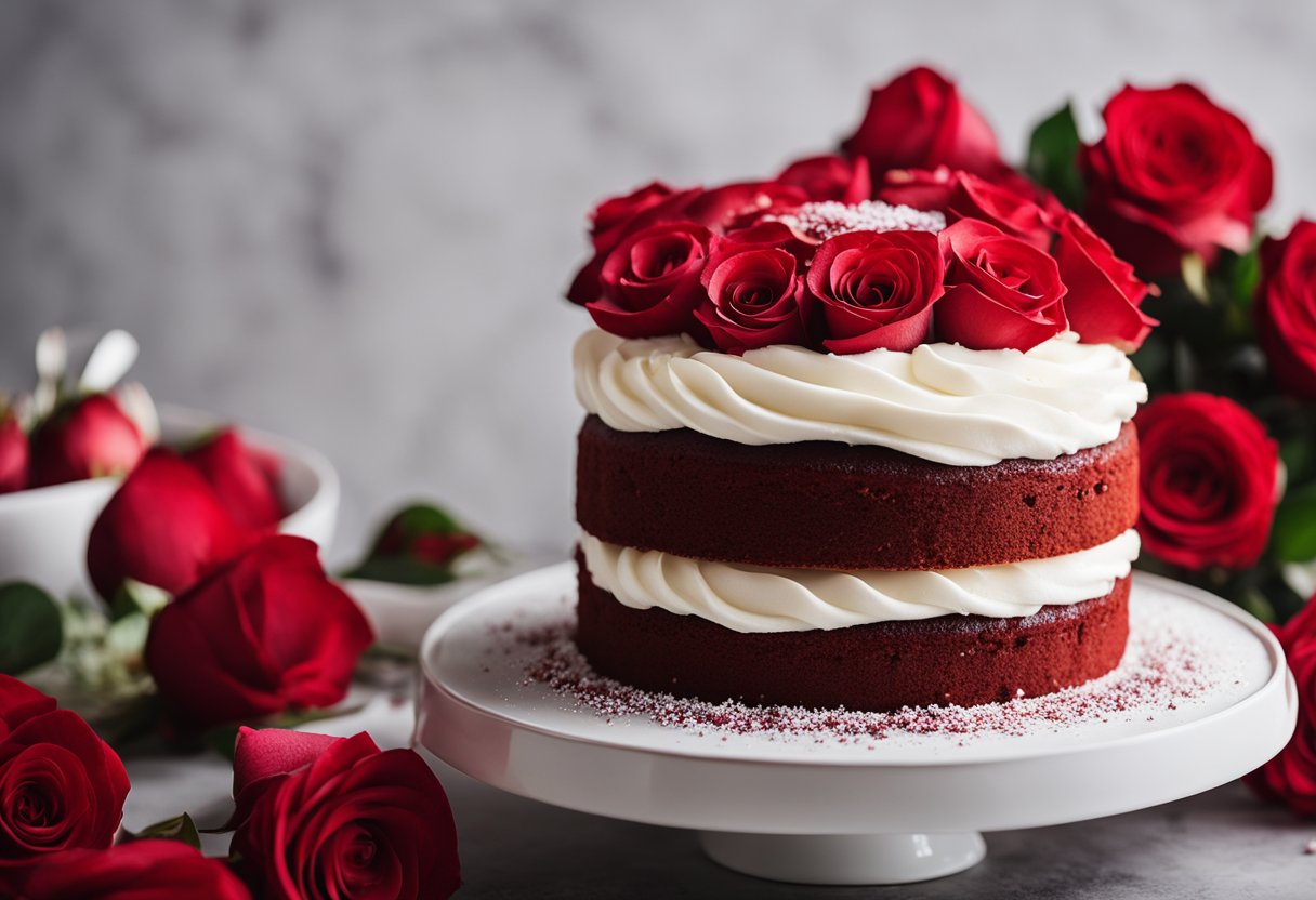 Close-up of a slice of luscious red velvet cake topped with cream cheese frosting. Find this delightful treat and more at bakeries near you offering the best red velvet cakes.
