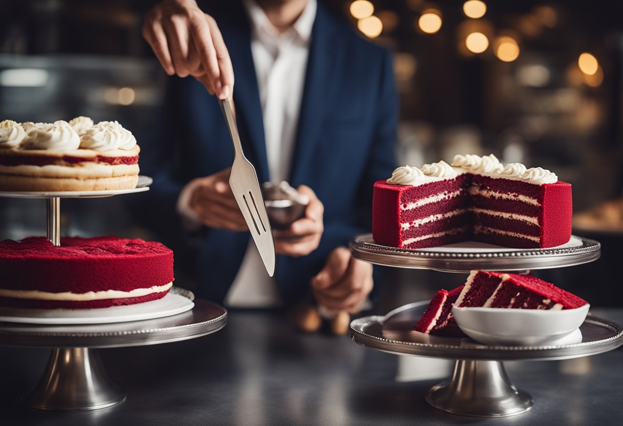 Close-up of a slice of luscious red velvet cake topped with cream cheese frosting. Find this delightful treat and more at bakeries near you offering the best red velvet cakes.