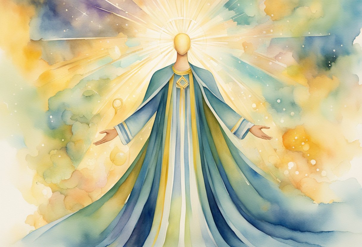 A digital watercolor of a spiritual sun being