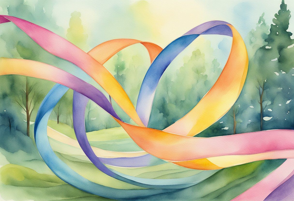 A digital watercolor of a forest landscape with flowing cancer ribbons