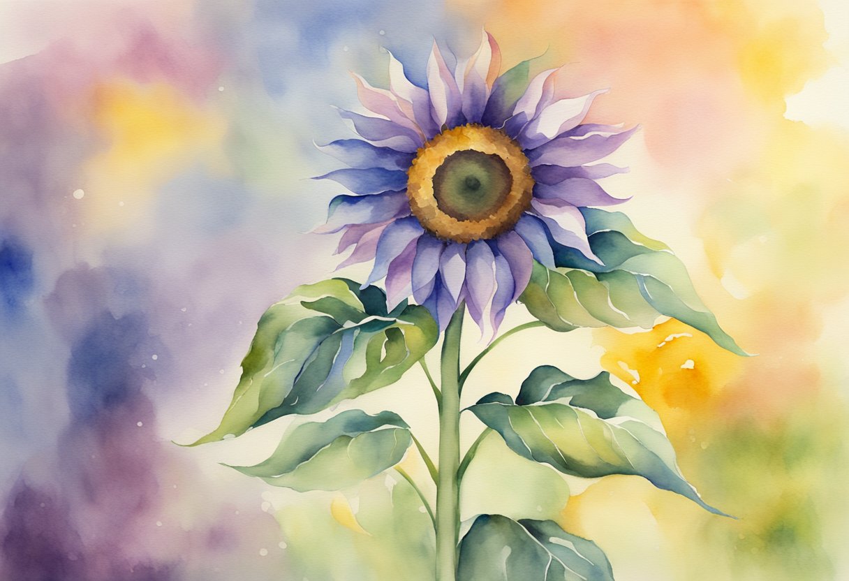 A digital watercolor of a purple sunflower
