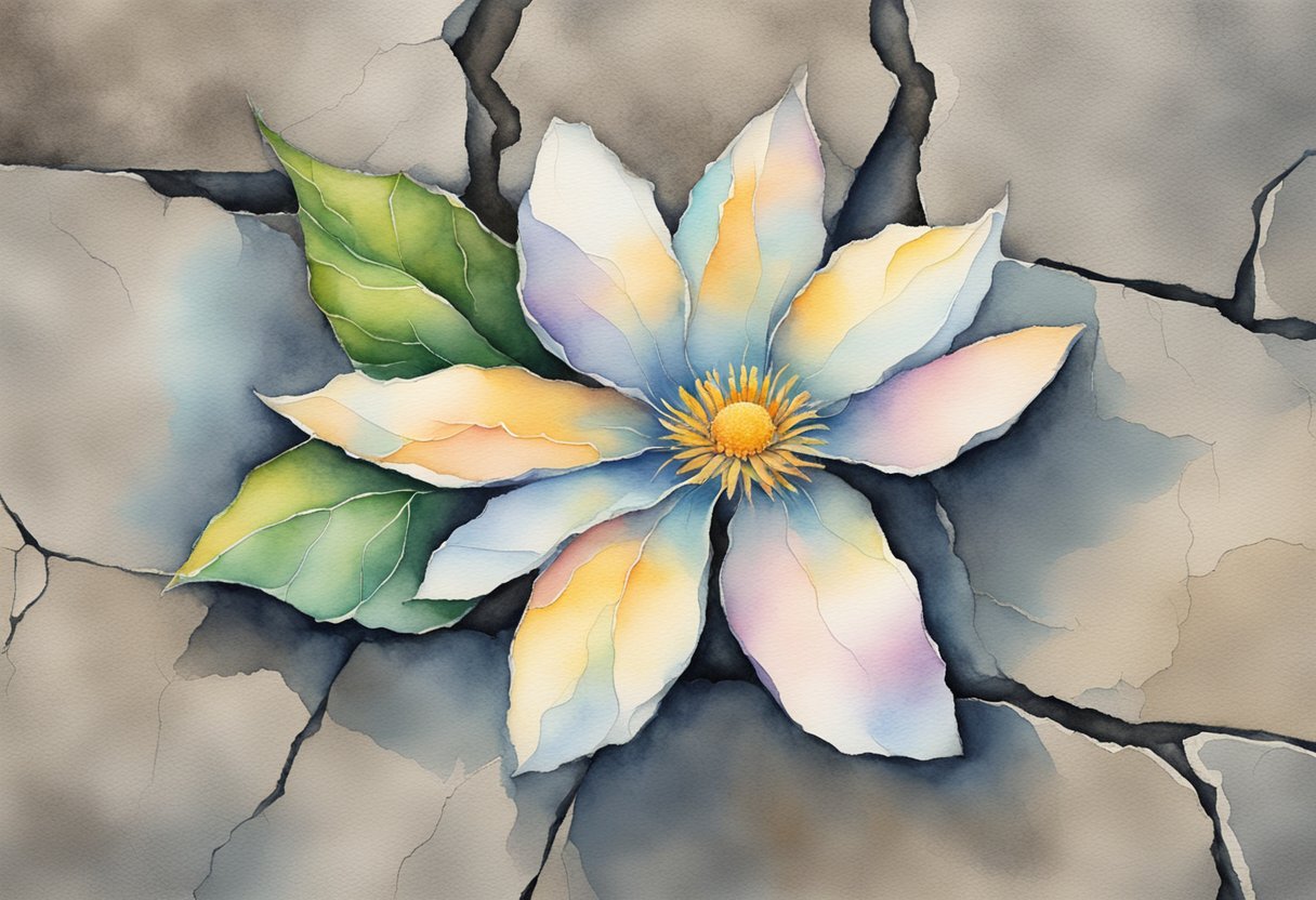 A digital watercolor of a flower growing out of cracked concrete