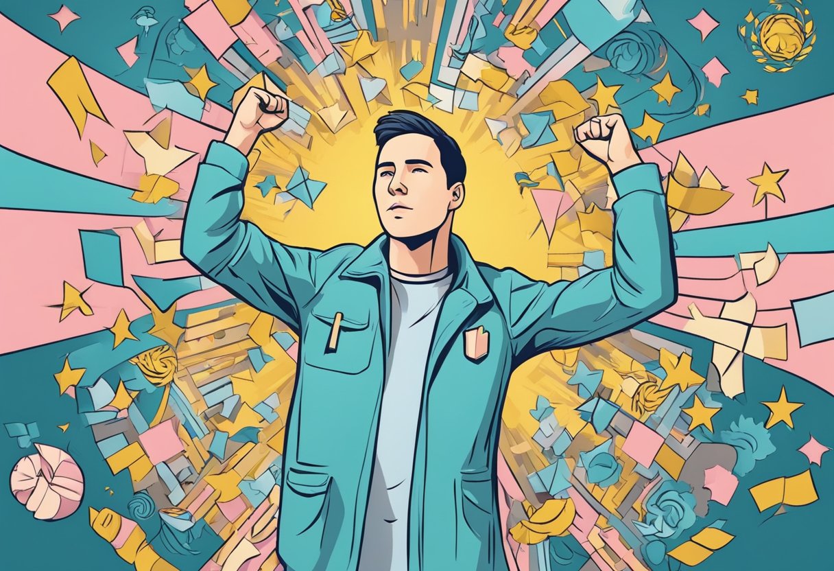 A digital illustration of a man with arms raised in celebration and confidence with a multi object exploding background