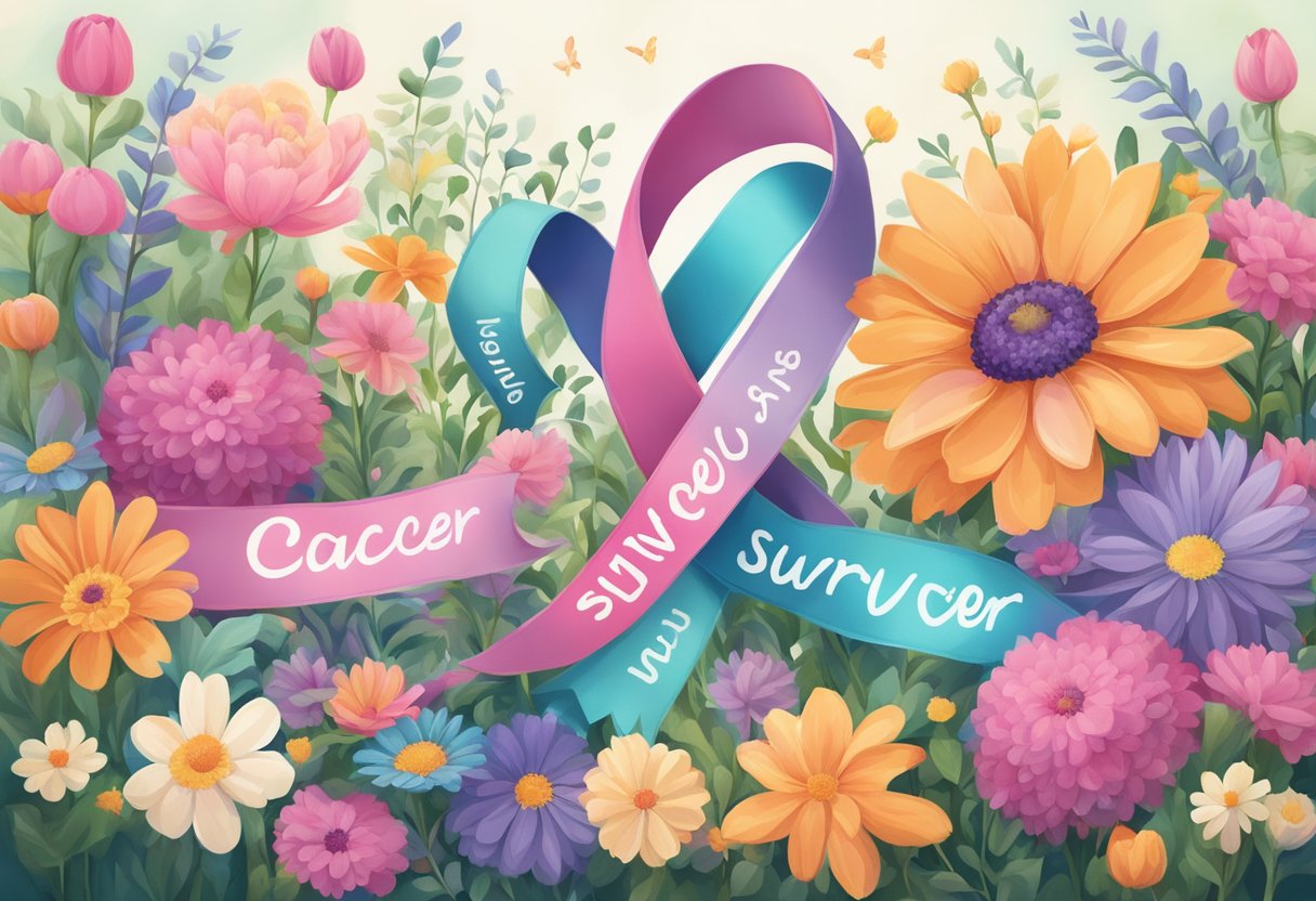 A digital illustration of a floral illustration with cancer ribbons