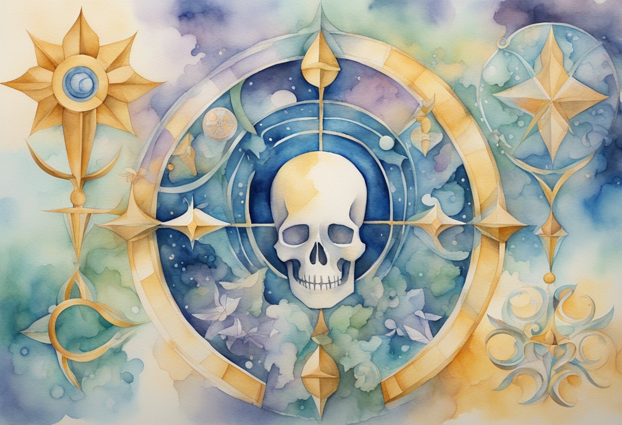 A digital watercolor of a compass or cross hairs with a skull in the center