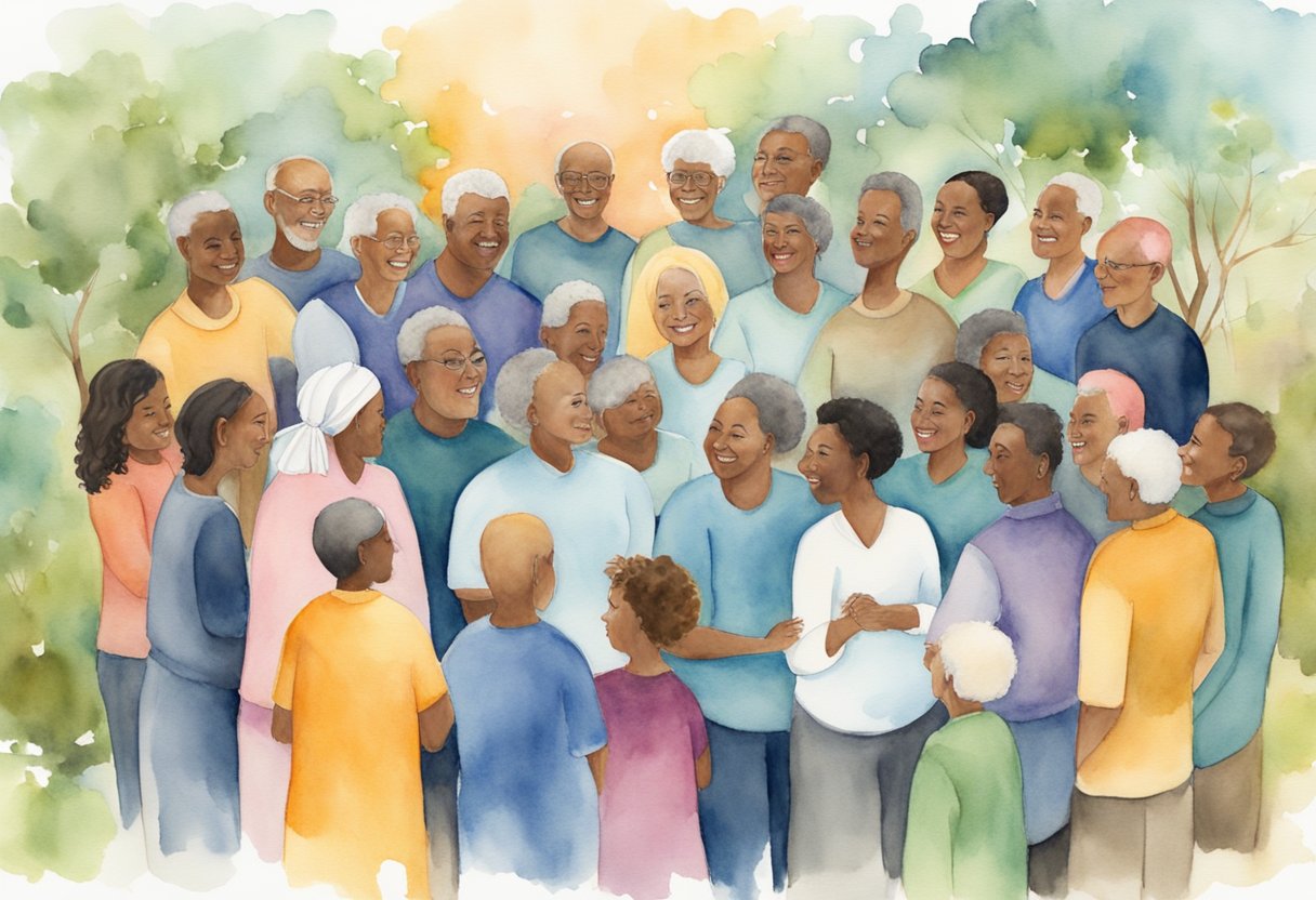 A digital watercolor of a group of people in celebration