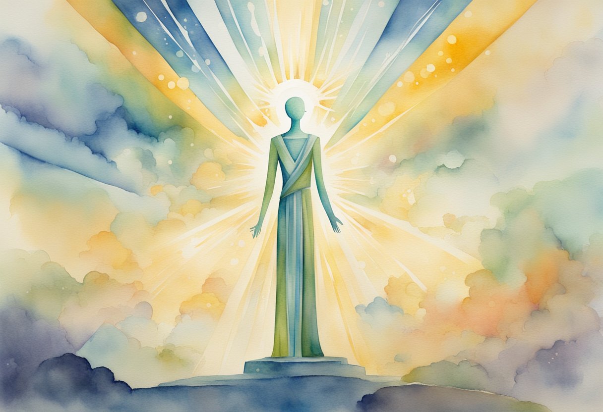 A digital watercolor of a spiritual being glowing on a pedestal