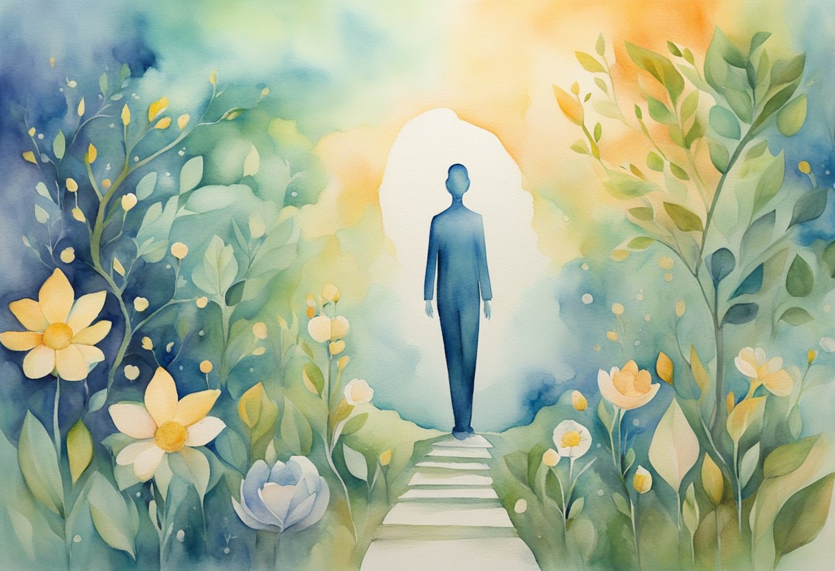 A digital watercolor of a silhouette of a person on a walking path surrounded by flowers and light