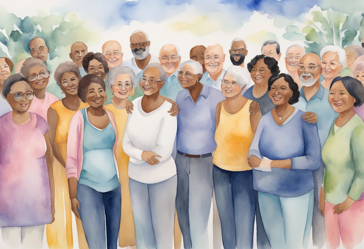 A digital watercolor of a diverse group of people celebrating many milestones