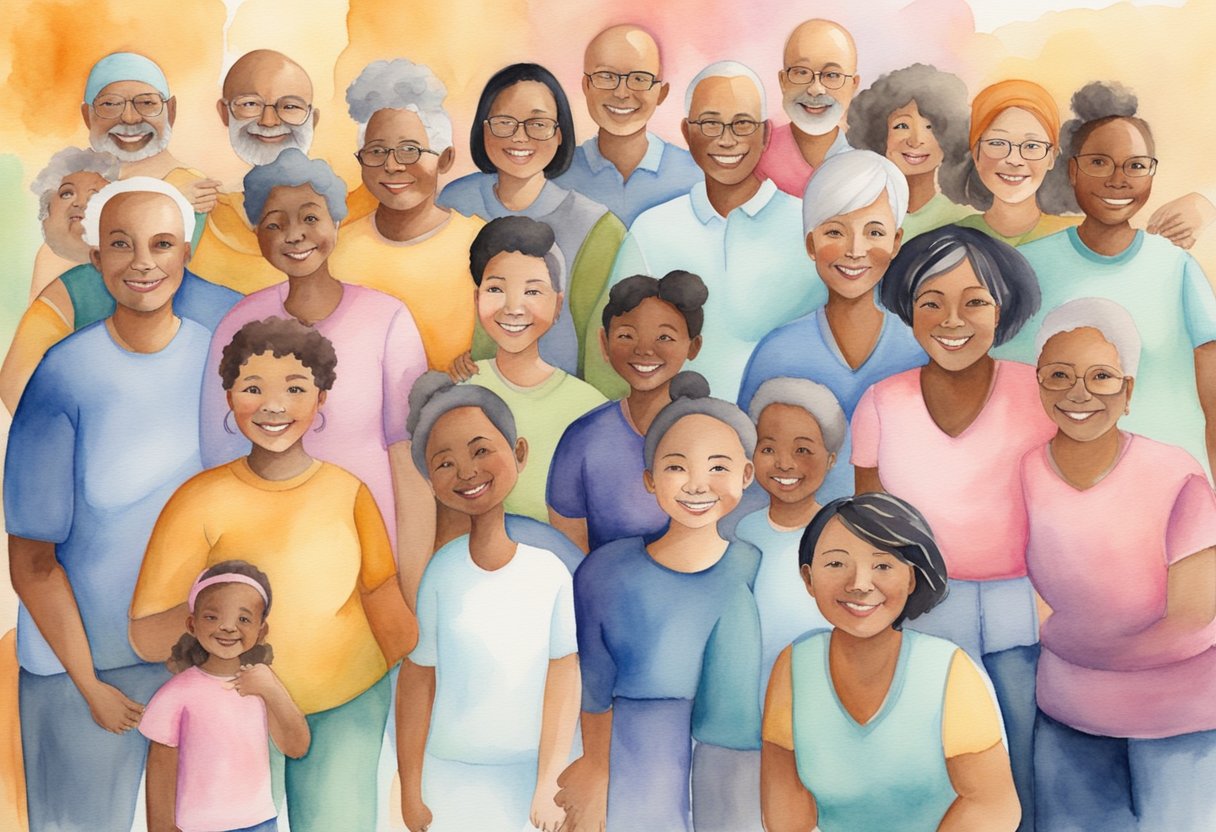 A digital watercolor of a group of happy people 