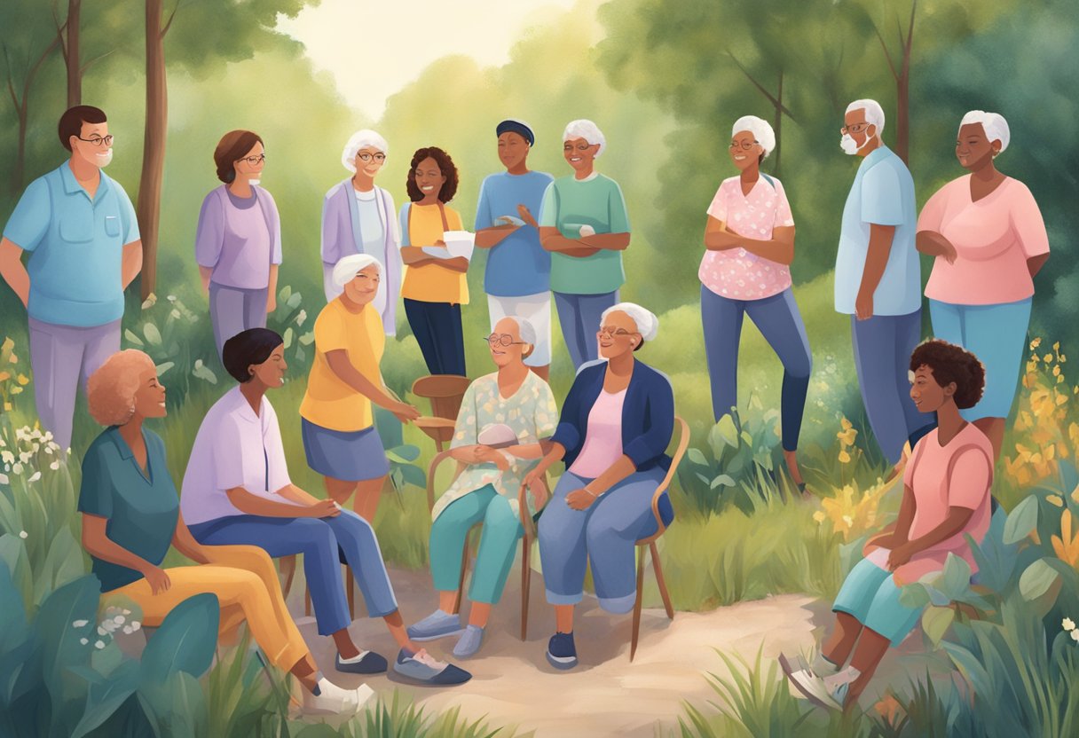 A digital illustration of people at a gathering outside in nature