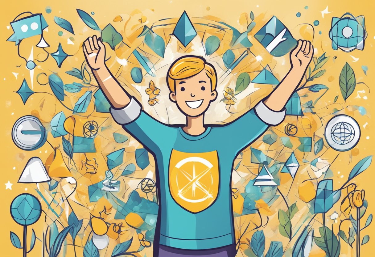 A digital illustration of a man with a multi object background