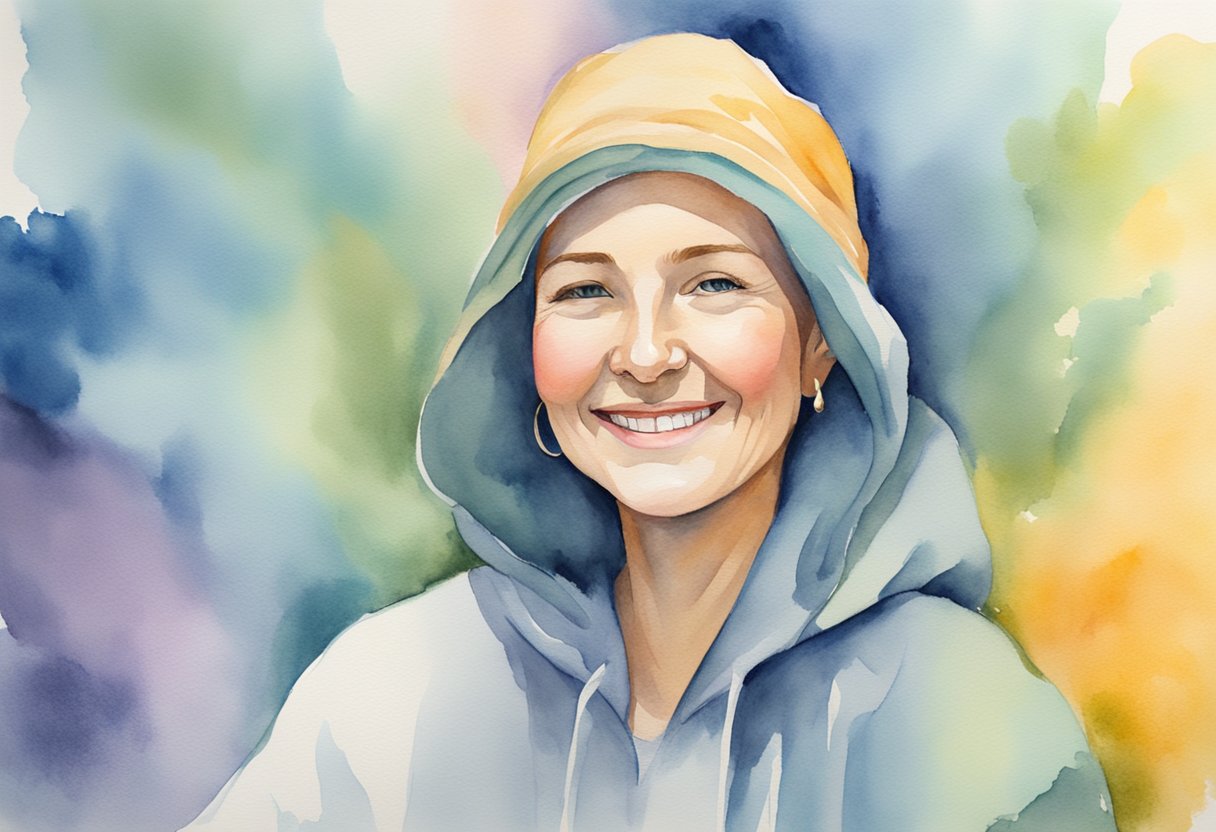 A digital watercolor of a woman in a hooded sweatshirt with a smile