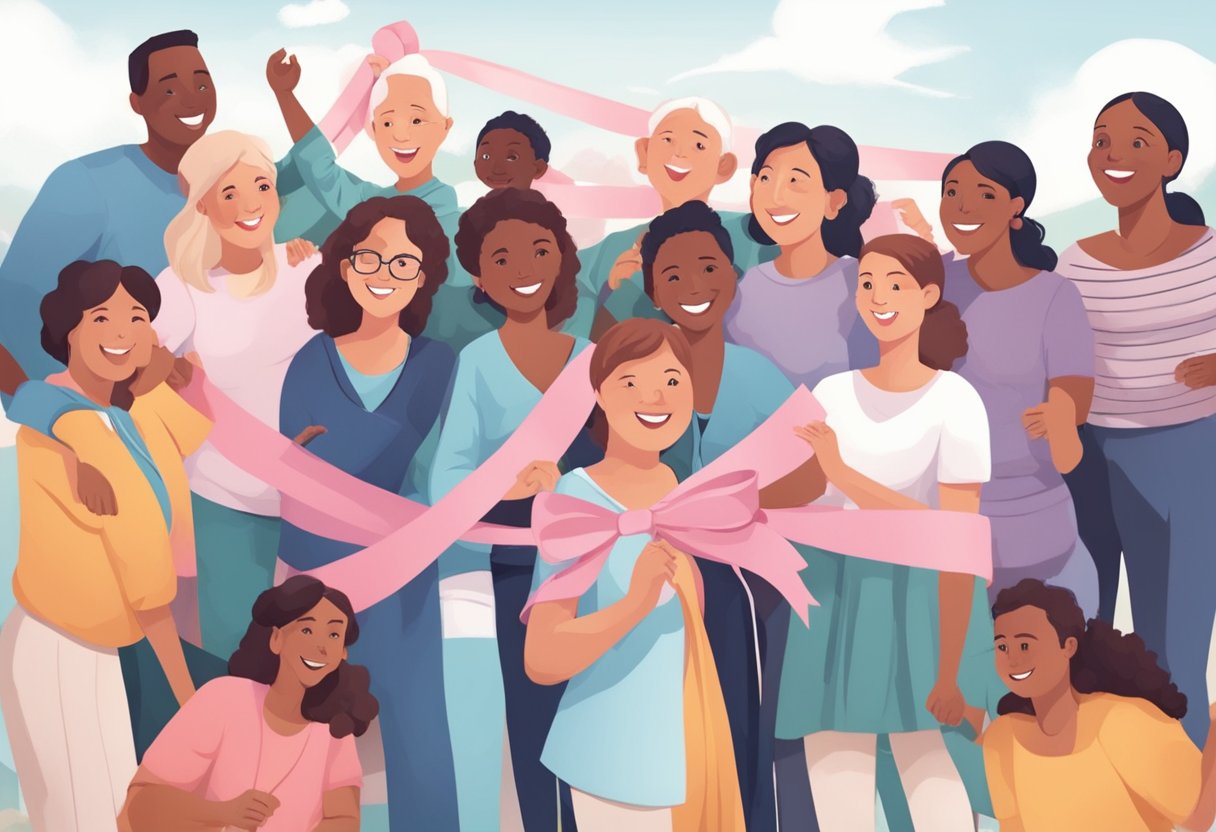 A digital illustration of a group of people in celebrating with a big ribbon wraping them all up