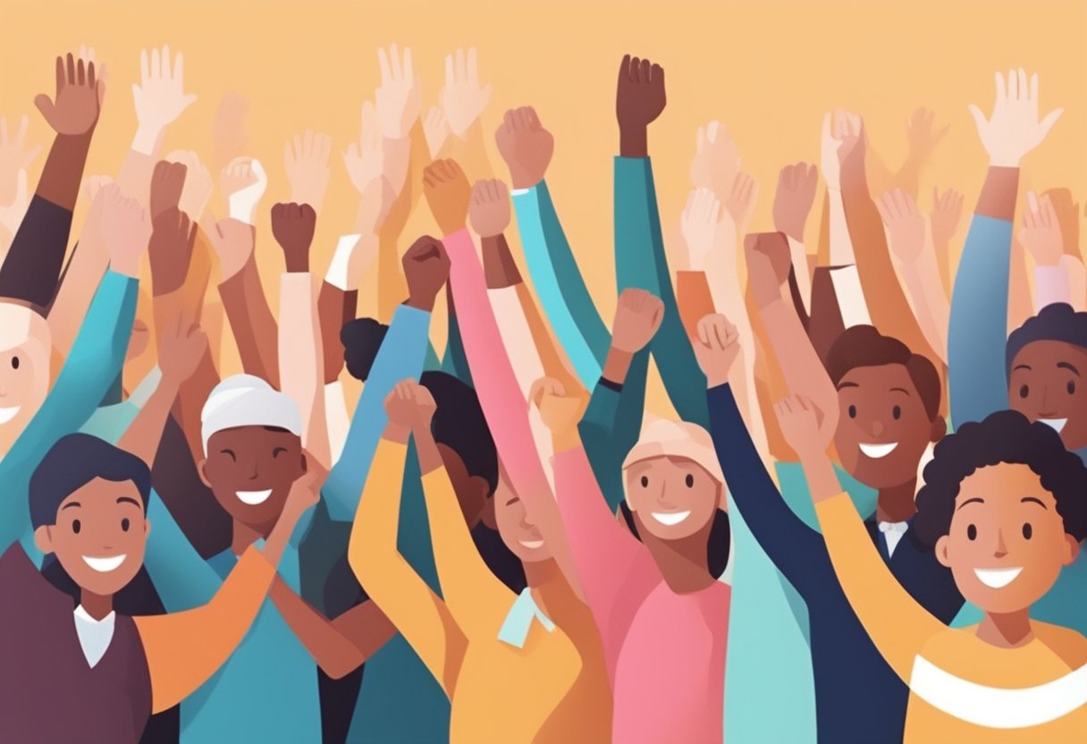 A digital illustration of a group of people raising their arms in solidarity