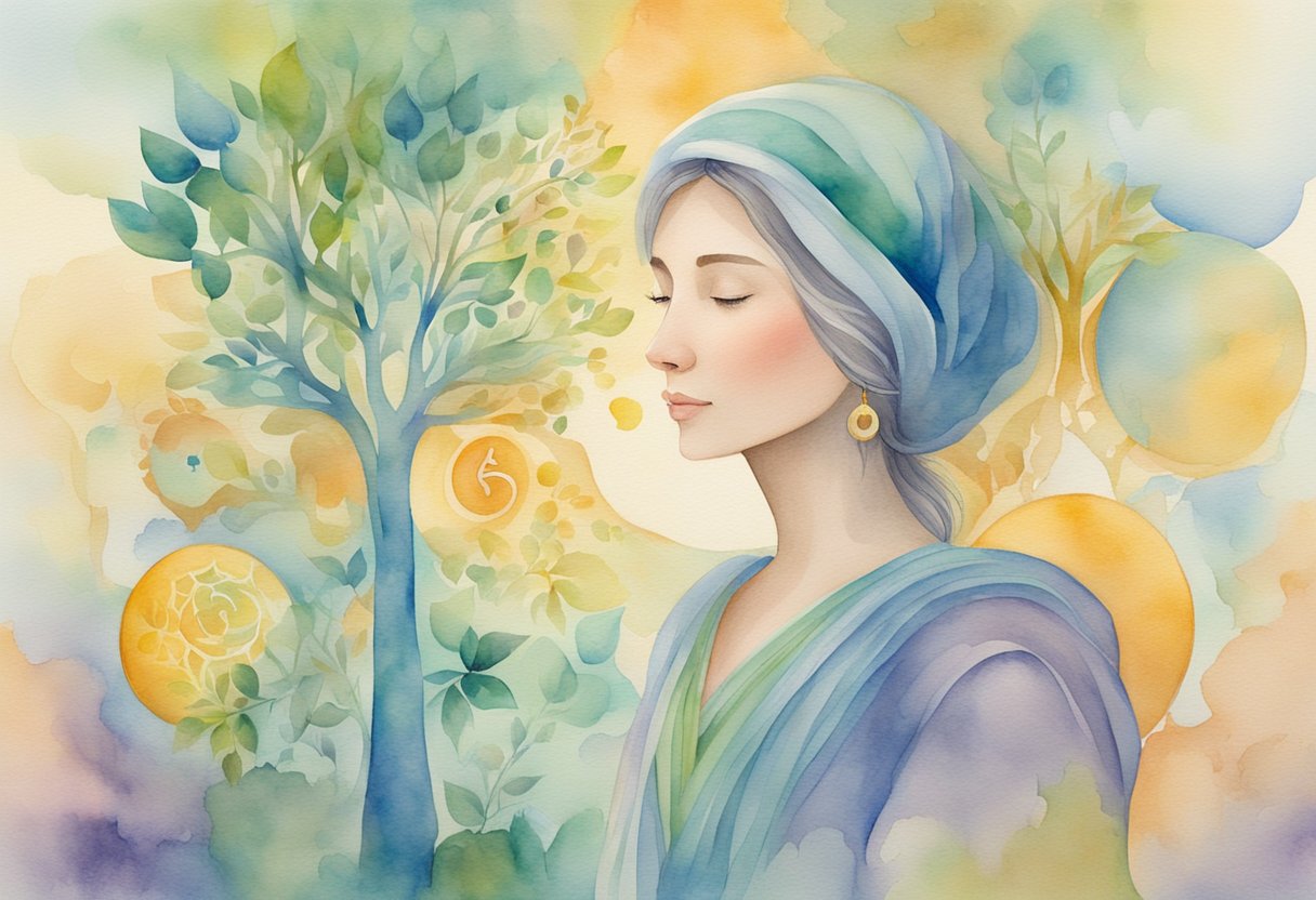 A digital watercolor of a woman's portrait with peaceful shapes and colors in the background