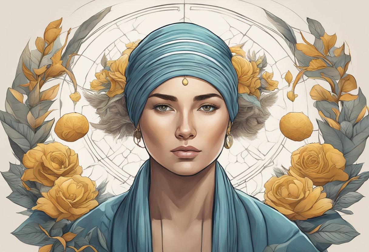 A digital illustration of a portrait of a woman with a 3/4 wreath in the background