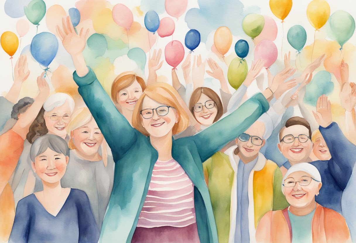 A digital watercolor of a group of cancer survivors celebrating milestones