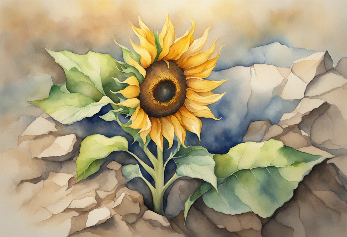 A digital watercolor of a sunflower growing out of hard earth