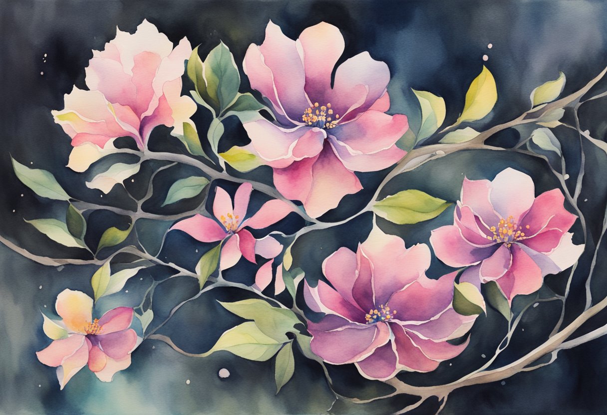 A digital watercolor of flowers at night
