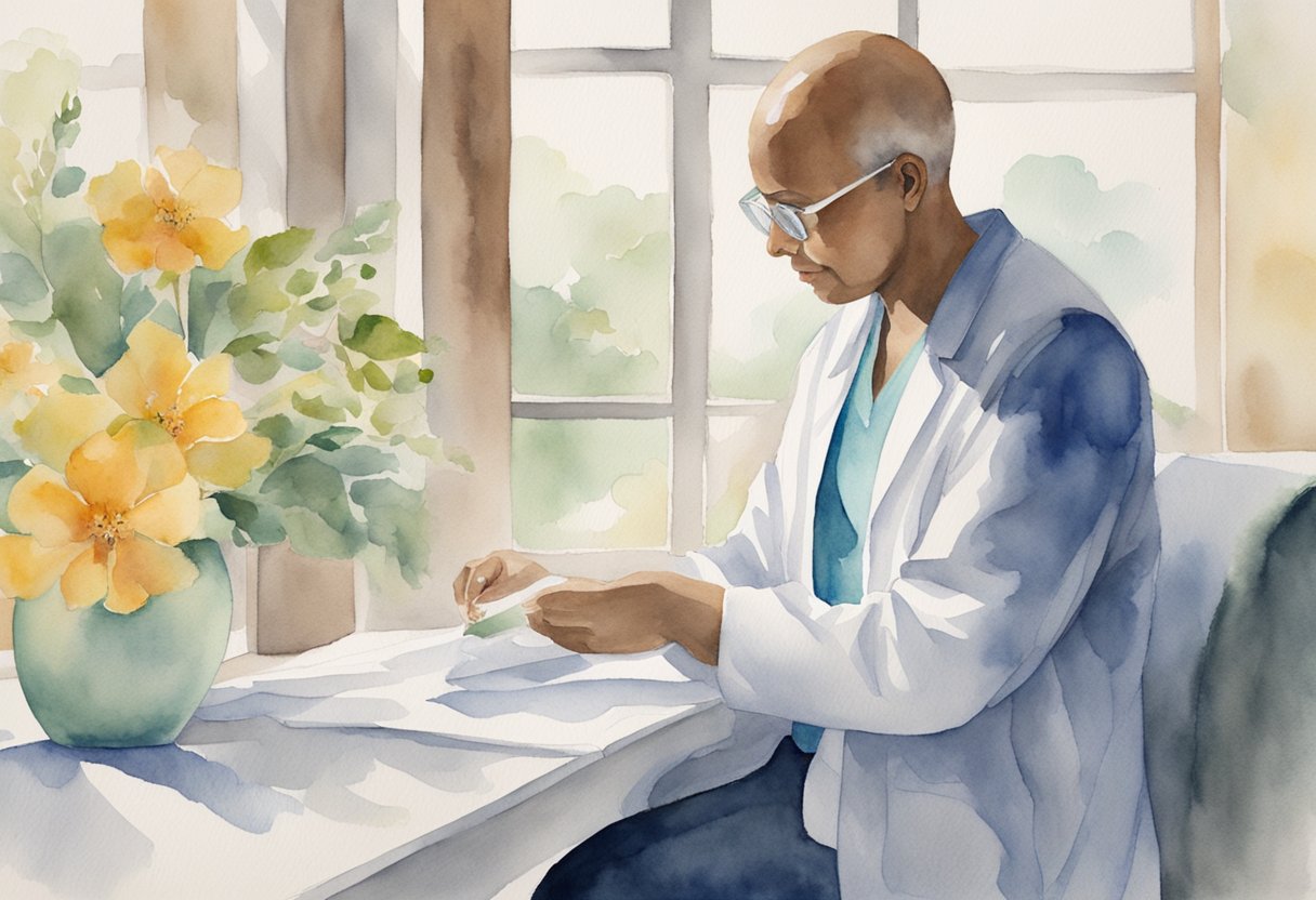 A digital watercolor of a medical professional working on paperwork at a desk.