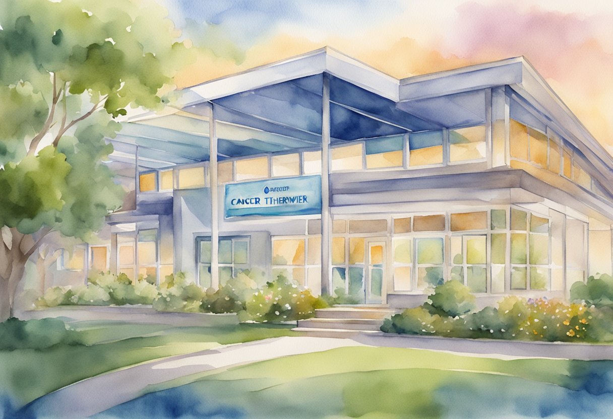 A digital watercolor of a medical office building for cancer treatment