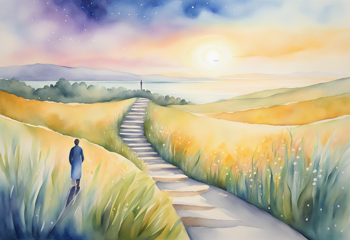A digital watercolor of a path to a lake and a persom forging their own