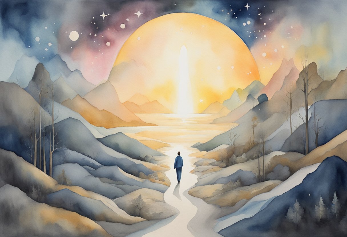 A digital watercolor of a man walking through a mountainous valley twards the setting sun