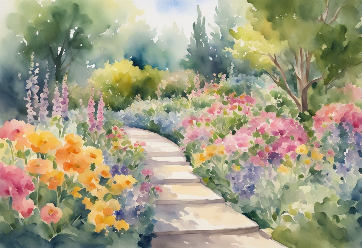 A digital watercolor of a flower garden with a path through the middle